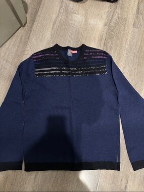 Armani Exchange Navy Crewneck Sweater with Black and Purple Stripe Detail